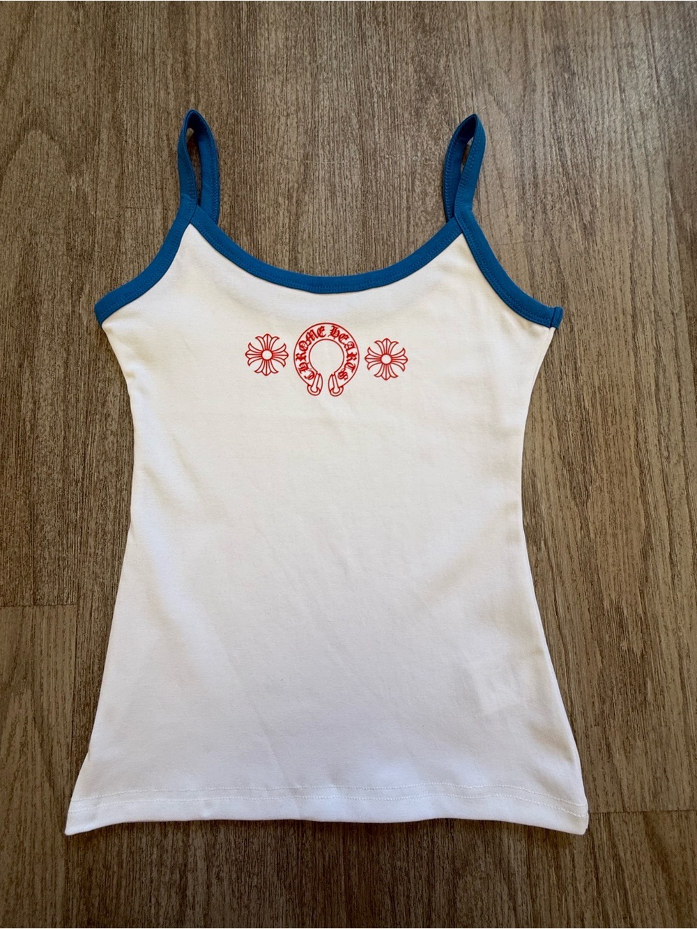 Chrome Hearts Women’s Tank Top White with Blue Trim and Red Graphic